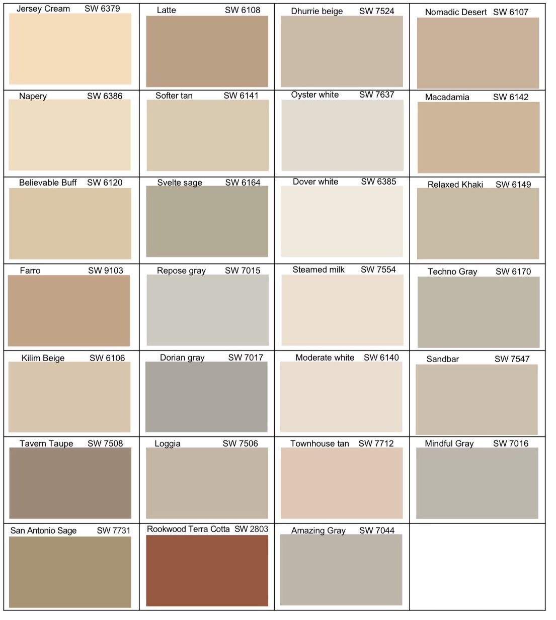 A color chart showing  Village G - Lake Mandarin Approved Paint Colors, House exterior Sherwin Williams Color Palette