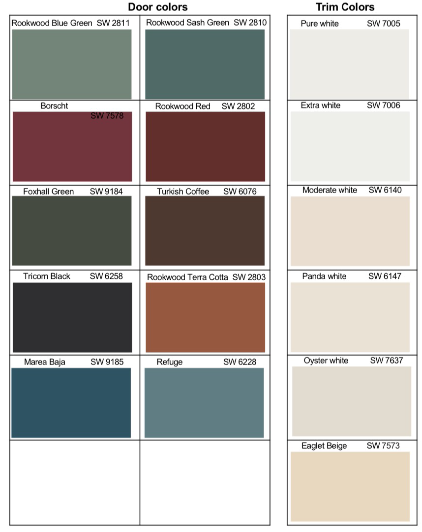 A color chart showinh Village G - Lake Mandarin Approved Paint Colors, Sherwin Williams for doors and trim