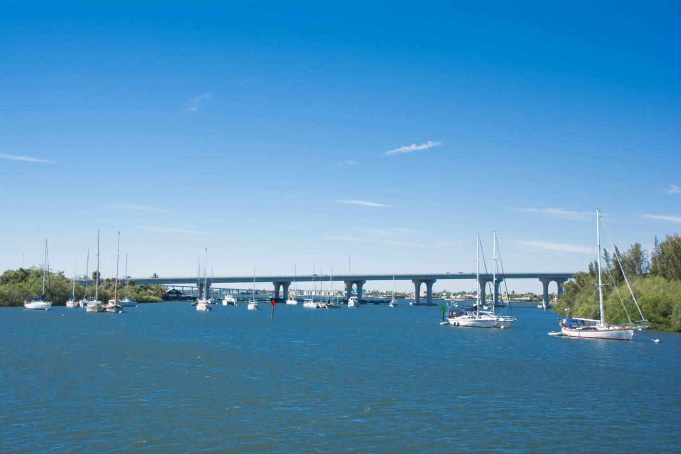 A calm blue river with several sailboats anchored and a concrete bridge in the background under a clear blue sky. Green foliage lines the riverbanks.